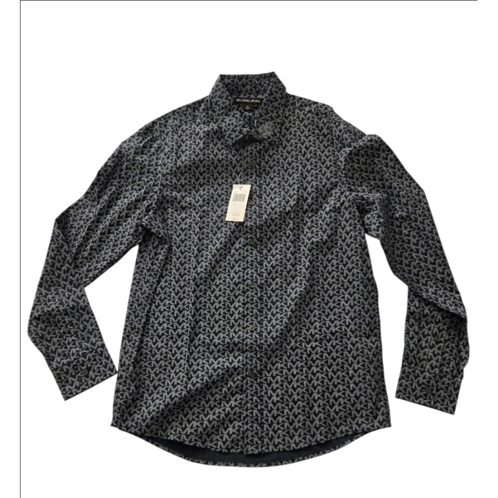 Michael Kors Men's Button Down Shirt Midnight Blue Logo Print Size M